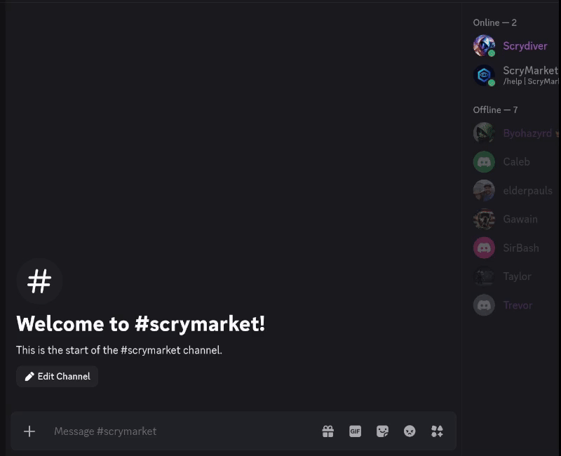 ScryMarket Discord bot showing inventory command in action