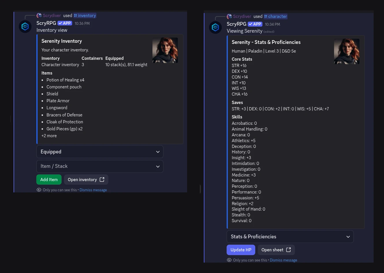The ScryRPG Discord bot showing a party member's shared inventory and full character sheet, both read from the campaign.