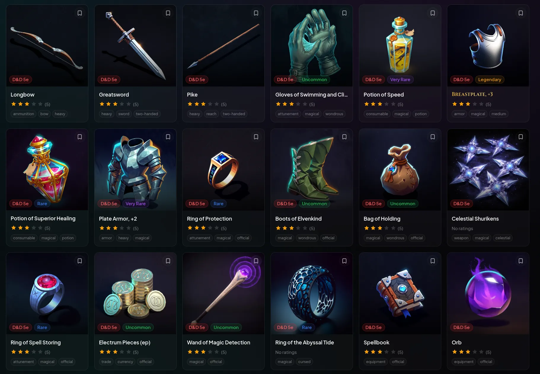 D&D 5e items in ScryMarket showing SRD weapons, armor, and adventuring gear with artwork and ratings