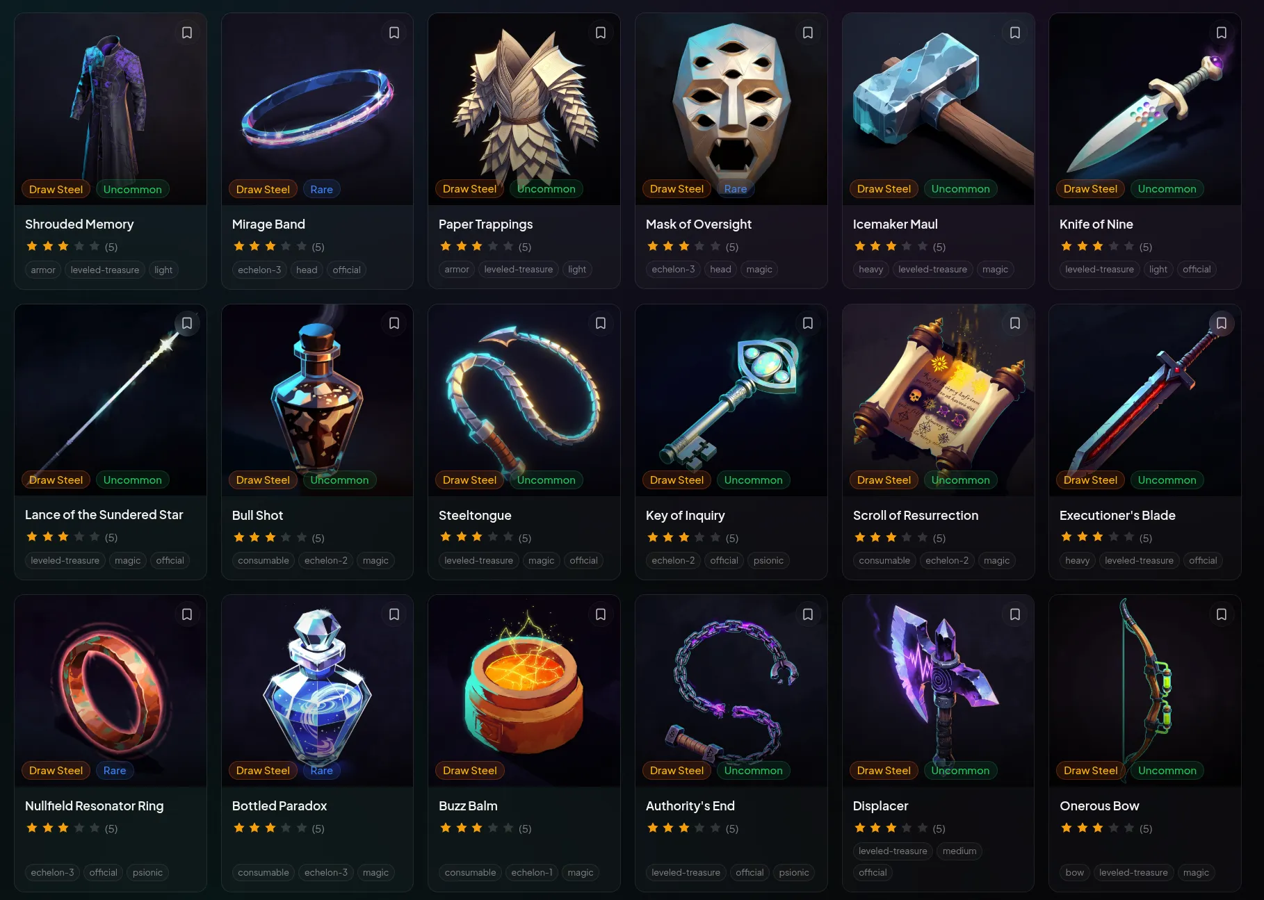 Draw Steel items in ScryMarket showing MCDM treasures and equipment with artwork and ratings