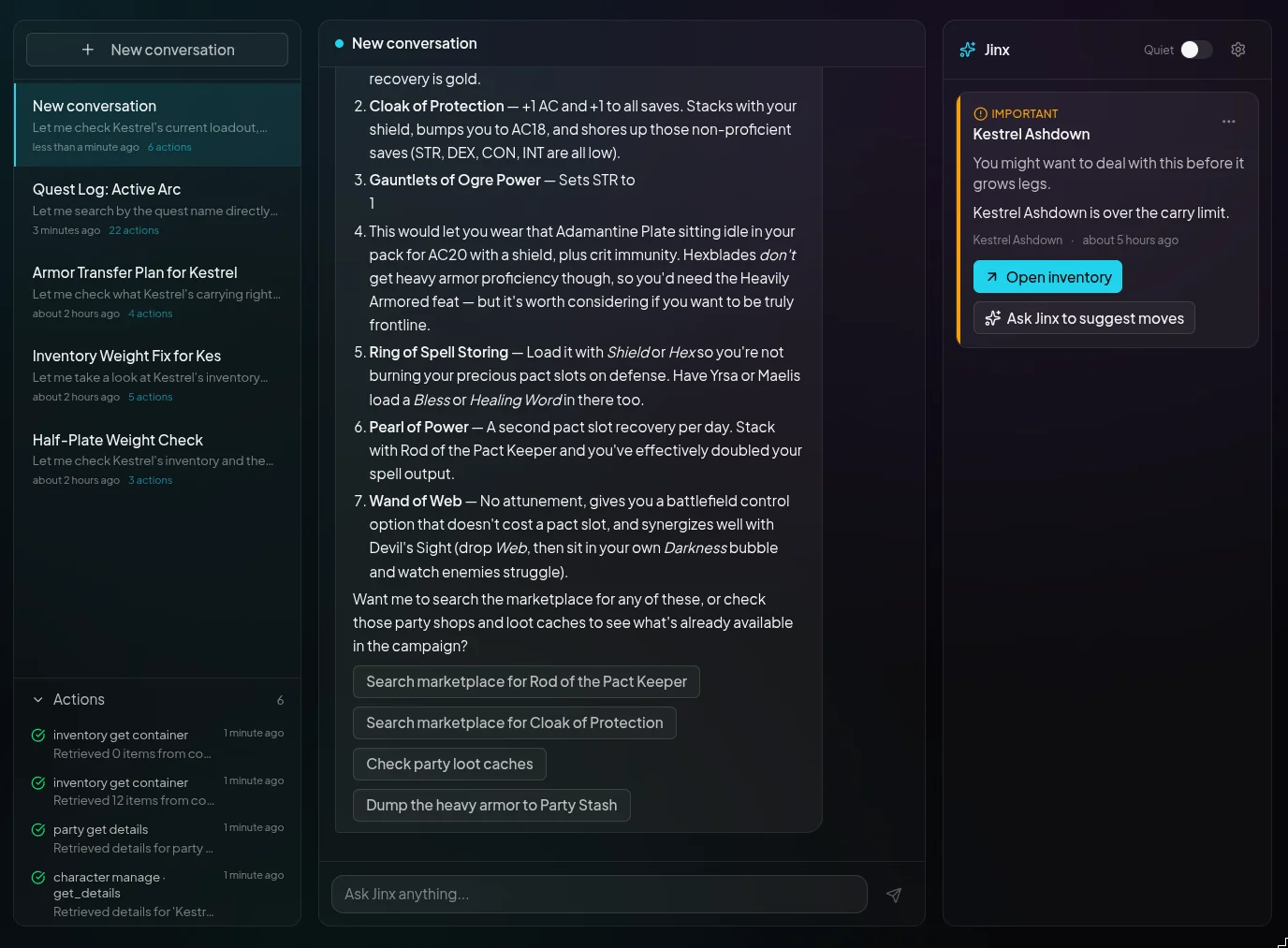 A ScryRPG conversation with the AI familiar that answers questions and proposes approved campaign actions.
