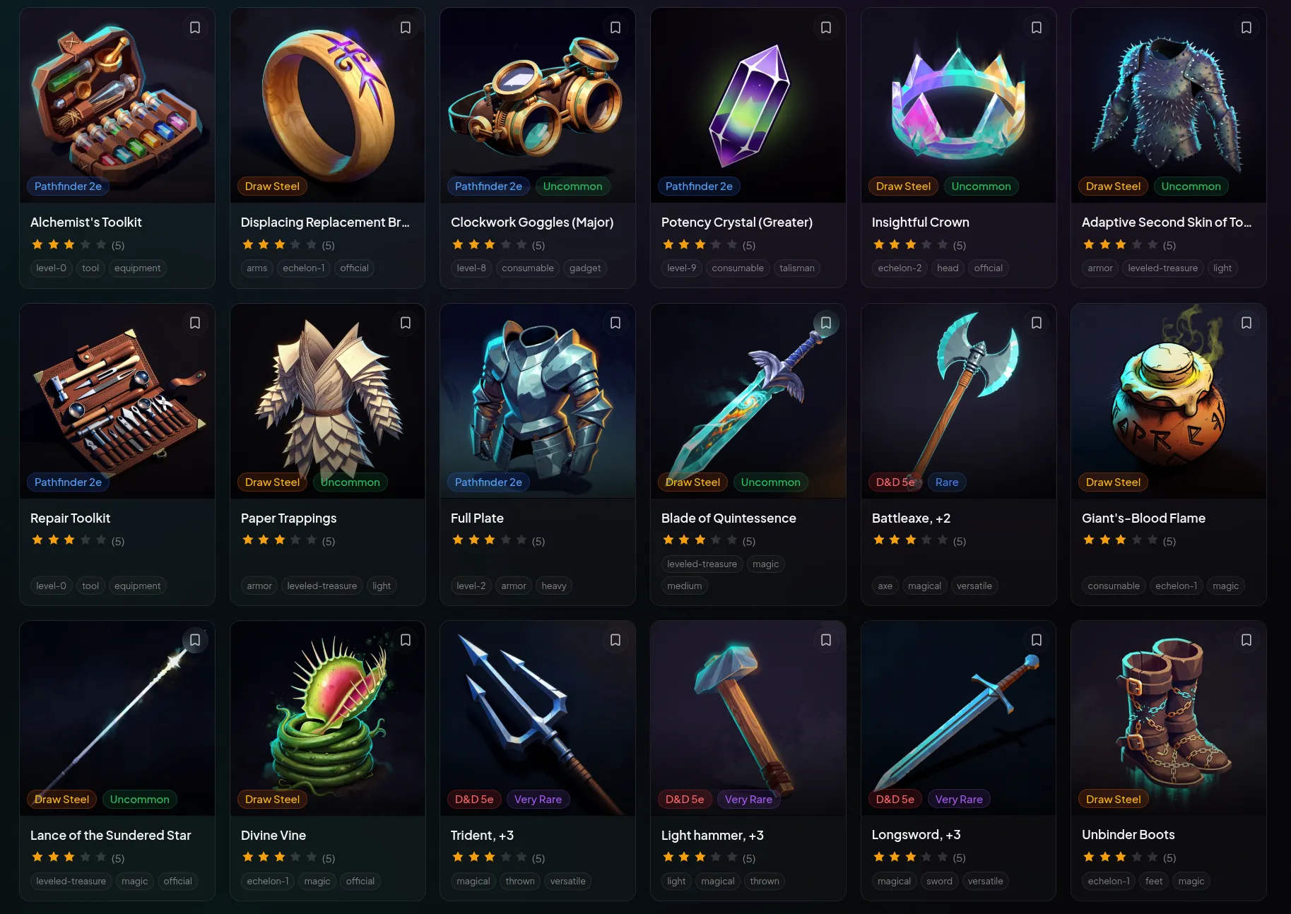 ScryMarket items marketplace showing fantasy RPG items from D&D 5e, Pathfinder 2e, and Draw Steel with artwork, ratings, and rarity badges