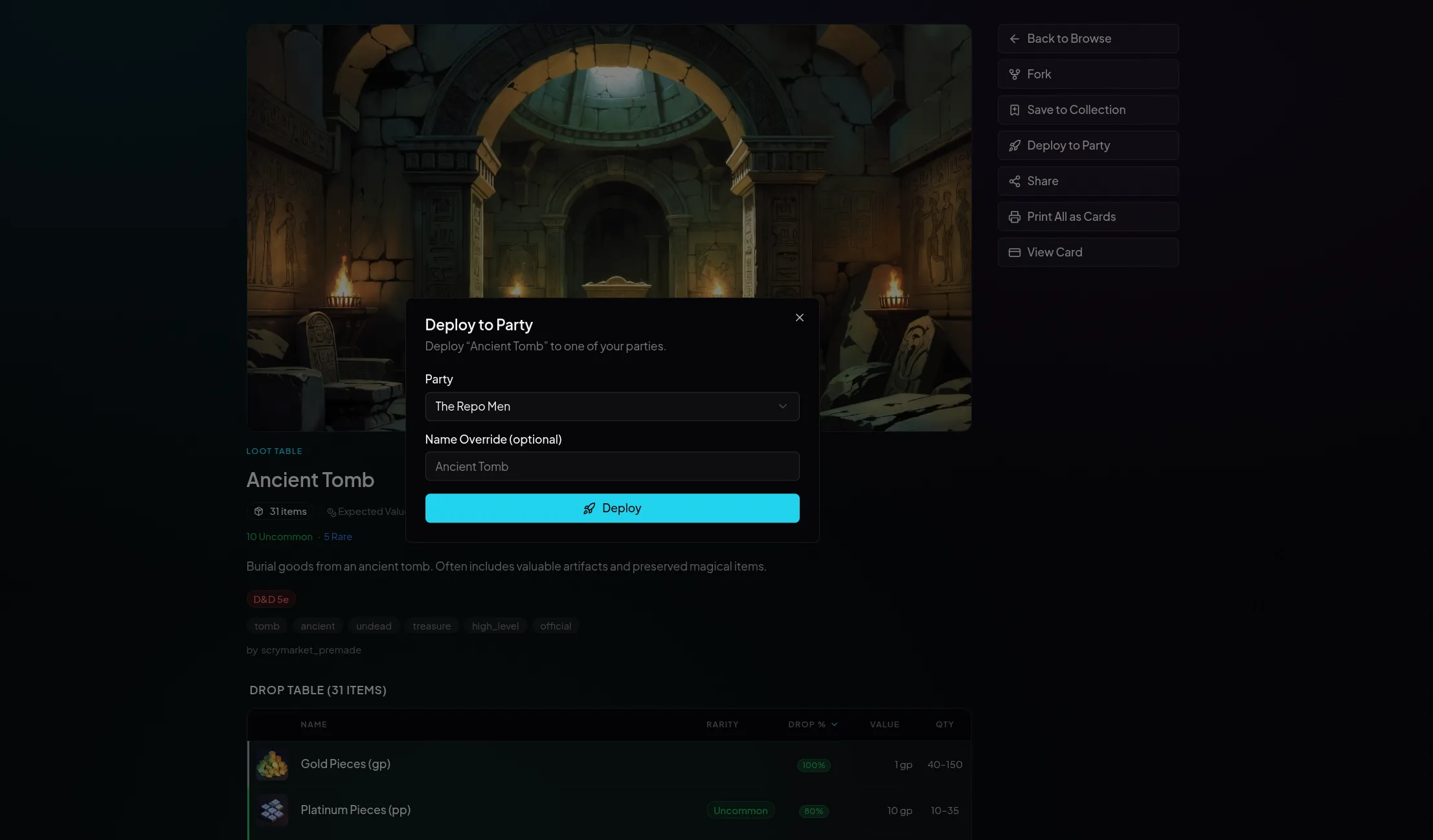 Loot table deploy modal with party selection