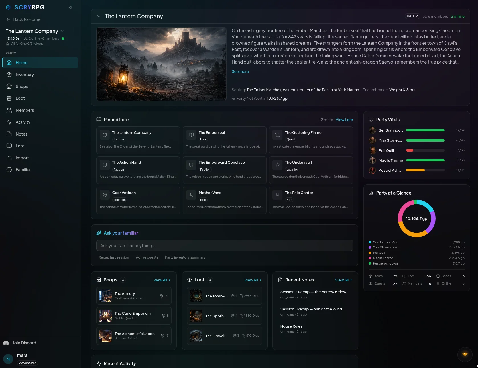 ScryRPG campaign dashboard showing a party home with characters, shared inventory, and recent activity.
