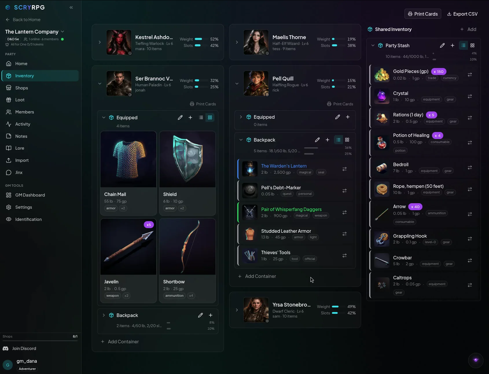 ScryRPG party inventory showing character gear and shared party items.