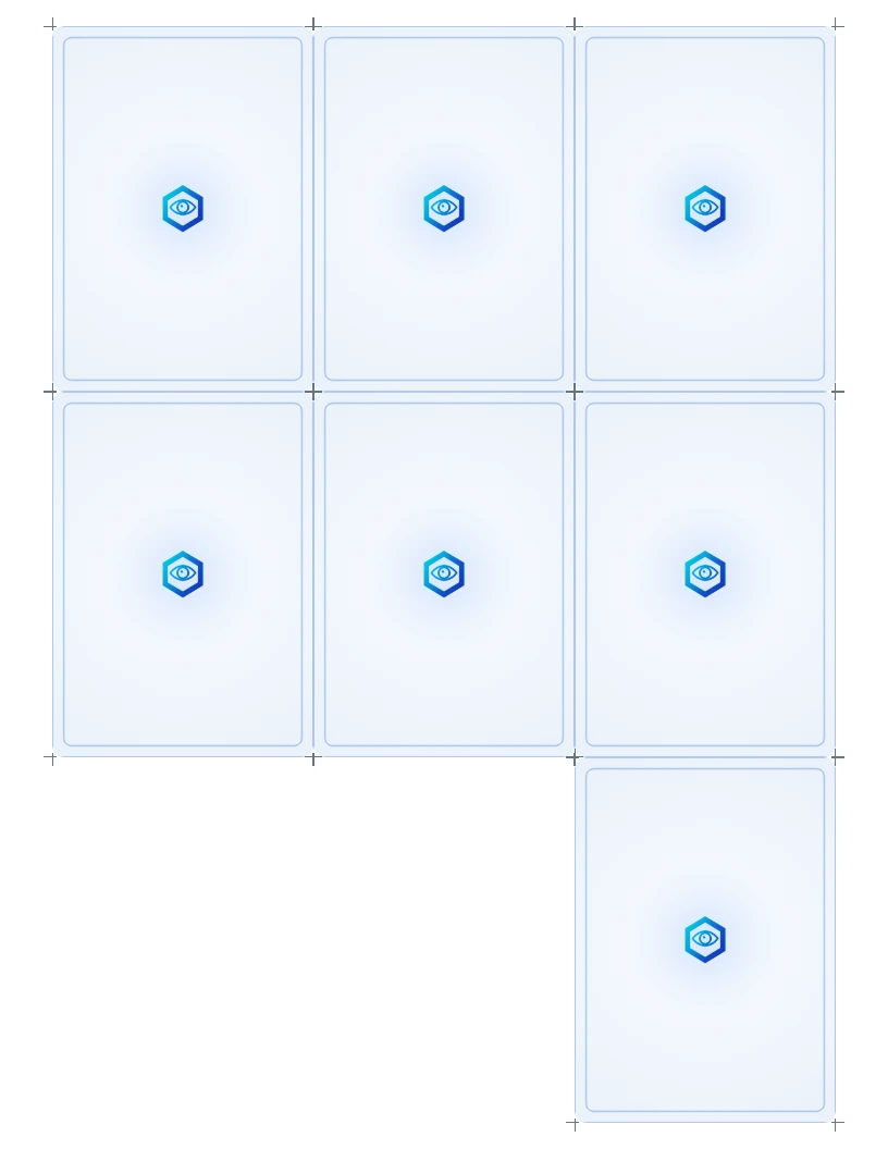 A Letter print sheet of minimalist light ScryRPG card backs using the canonical eye-in-hexagon mark and inset borders, arranged with crop marks