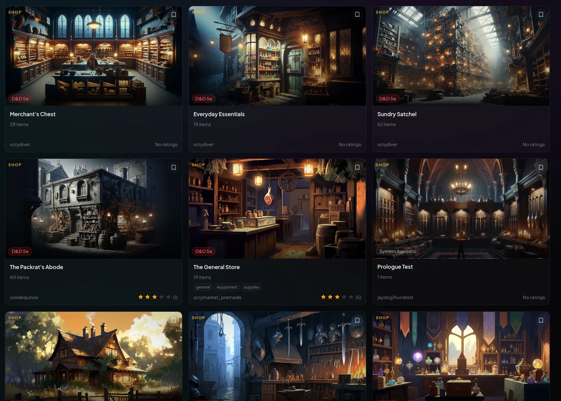 Community-created shops in the ScryMarket marketplace with artwork, ratings, and system badges